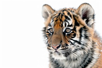 Obraz premium Mystic portrait of baby Indochinese Tiger in studio, copy space on right side, Headshot, Close-up View, isolated on white background