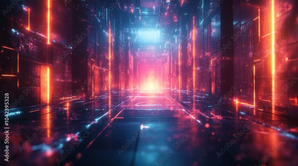 Poster A mesmerizing corridor illuminated with neon colors stretches into the distance, showcasing glowing lines and intricate patterns. The vibrant atmosphere gives a sense of depth and wonder.