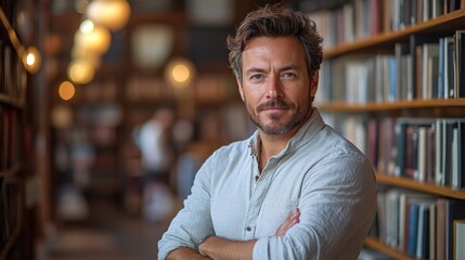 Fototapeta premium Man with a beard stands confidently in a library, surrounded by books, with blurred background and warm lighting