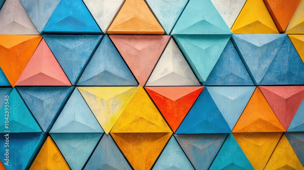 Poster A vibrant display of geometric abstraction showcases complex triangular patterns in diverse colors and textures, creating visual intrigue. Generative AI