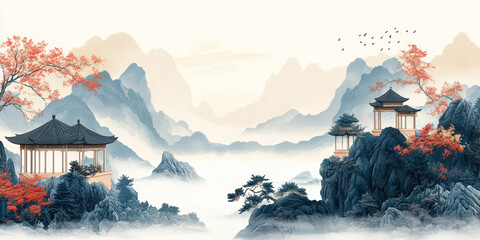 Fototapeta premium Traditional Chinese style of minimalist landscape painting art background 