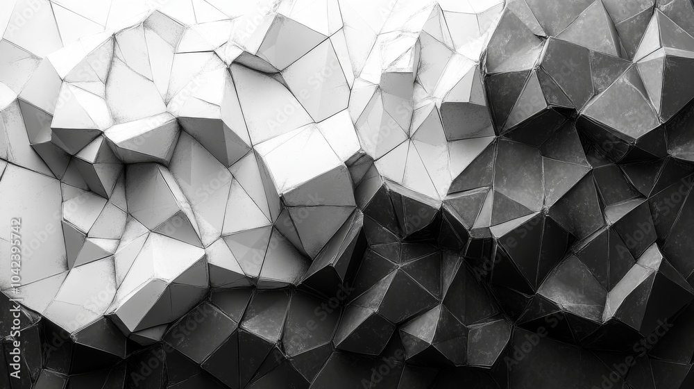 Poster A vibrant interplay of intricate black and white geometric shapes forms a captivating visual experience, highlighting sharp contrasts and textures.