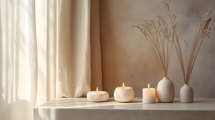 Minimalist spa table setup with glowing candles and an elegant reed freshener, surrounded by soft linens, inviting relaxation and calm, space for text
