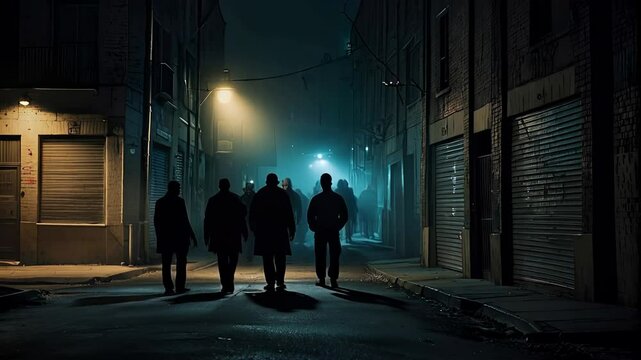 Men in dark clothes and hoods walk down a dim city street at night, surrounded by shadows and graffiti covered walls, creating a gritty and suspenseful urban scene