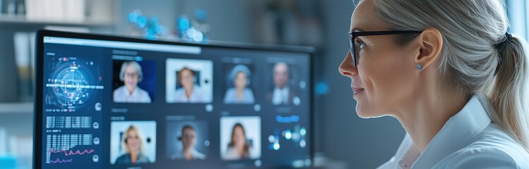 Professional woman participating in a virtual medical conference, engaging with colleagues displayed on multiple screens.