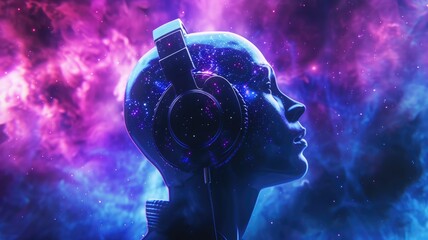 Abstract human with earphone of science fiction scene in plasma of cosmos fantasy background theme. Colorful particle swirling seamless in space nebula pattern and virtual reality atmosphere. AIG53.