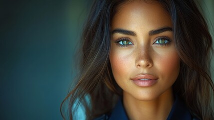 Naklejka premium Close-up of a person with long hair and striking eyes, looking directly at the camera