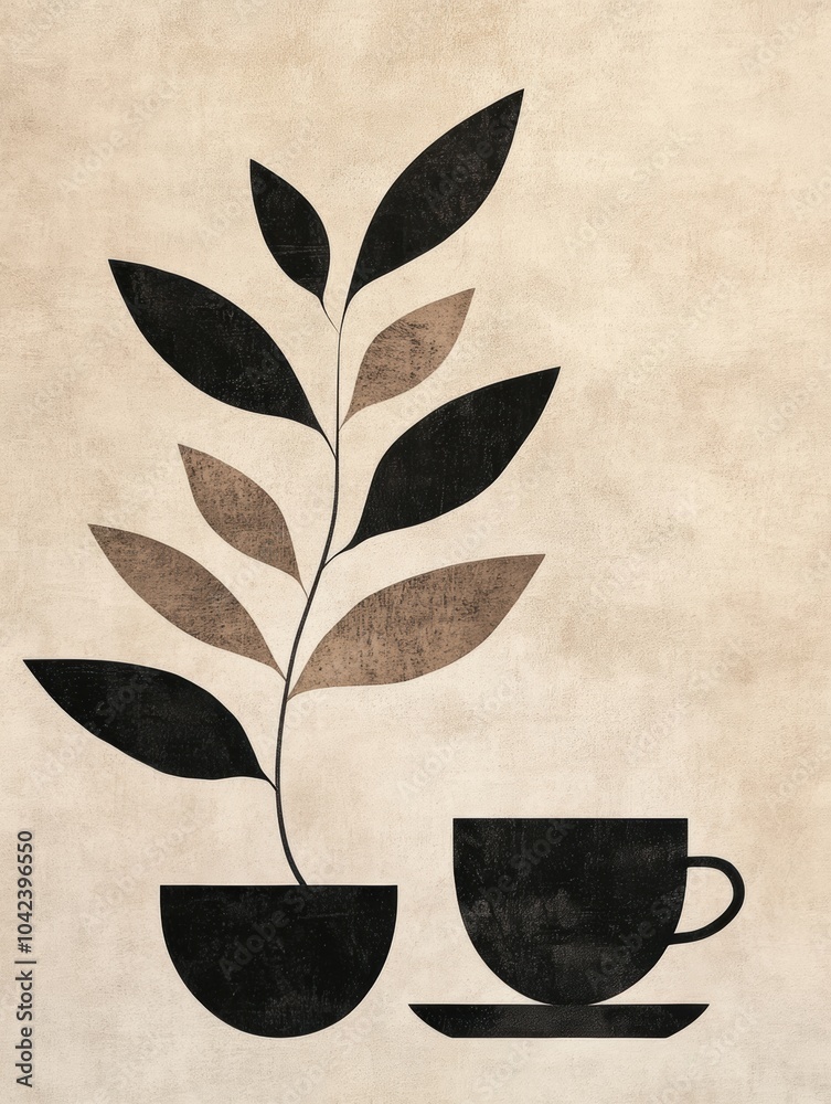 Poster the artwork showcases elegant lines intertwining to symbolize tea leaves sprouting from a cup, conve