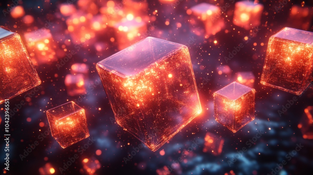 Aufkleber Floating luminous cubes of various sizes create a vibrant composition, emitting warm light and adding a sense of depth and movement in a dark environment.