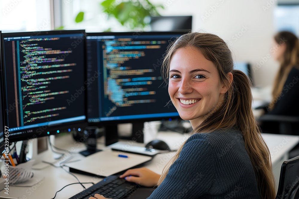 Aufkleber smiling female programmer working at a desk with dual monitors, coding and enjoying a bright workspa
