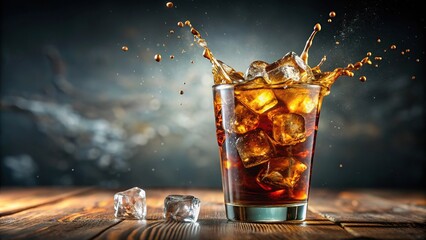 Refreshing glass of iced cola with ice cubes splashing