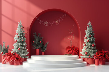 A red wall with a white archway and two white pillars