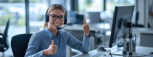 Smiling customer support agent with headset giving thumbs up at computer desk in modern office, representing efficient service and assistance.