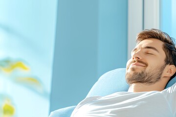 Relaxed man enjoying sunlight while sitting indoors, showcasing comfort and serenity in a modern, peaceful setting.