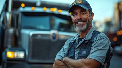 Smiling man wearing a cap stands confidently with arms crossed in front of a large truck on a street