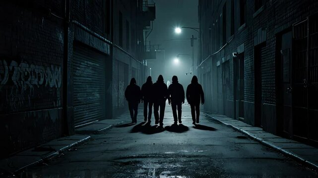 Group of five criminals of a gang are walking down a dark city alleyway at night, shrouded in shadow and illuminated by street lights