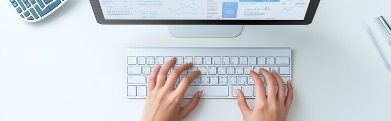 Top view of hands typing on a white keyboard with a computer monitor displaying graphs and diagrams on a white desk.
