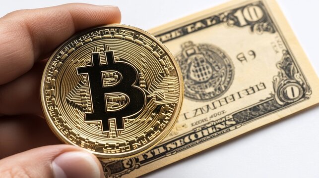 Hand is holding a golden Bitcoin coin in front of a ten-dollar bill, highlighting cryptocurrency versus traditional currency