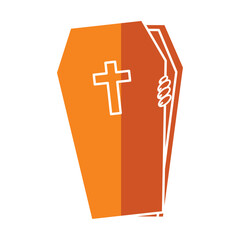 Halloween coffin with hand emerging and cross symbol, Vector