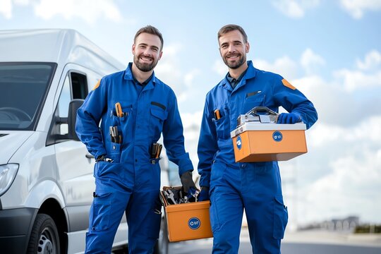 Two smiling male technicians in blue uniforms holding toolboxes near a white van, ready for service. Professional and reliable technicians.
