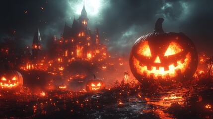 Naklejka premium Haunted house, glowing jack-o'-lanterns, and swirling mist create an eerie Halloween atmosphere under a bright full moon