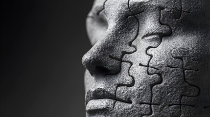 A puzzle-piece integration within a sculpted female head, symbolizing cortical synchronization, smooth stone texture, grayscale, highly detailed, minimalist, atmospheric lighting