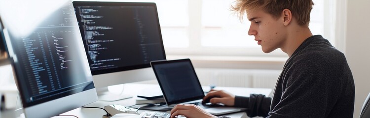 Young programmer working intently at a desk with multiple screens, coding and developing software in a modern tech environment.