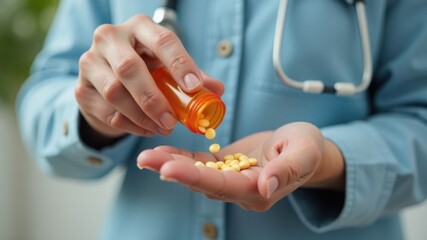 A doctor's hand in a blue lab coat pours orange and white capsules into her palm. Healthcare and medicine concept