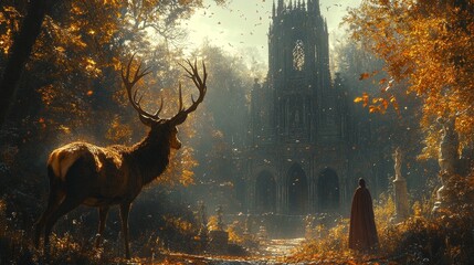 Majestic stag stands in a mystical forest clearing facing a cloaked figure near an ancient, gothic cathedral