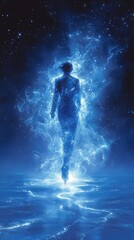 Luminous, ethereal figure walks gracefully across a glowing, cosmic landscape, surrounded by shimmering blue light and countless stars