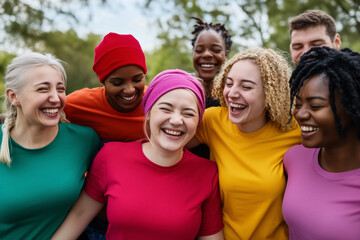 Obraz premium A group of friends from different backgrounds standing together, smiling and laughing in a relaxed outdoor setting. The essence of fun, connection, and diversity in friendship, diversity people