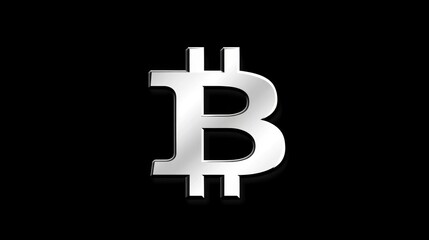 Shiny, metallic silver Bitcoin symbol against a solid black background, highlighting its emblematic design prominently