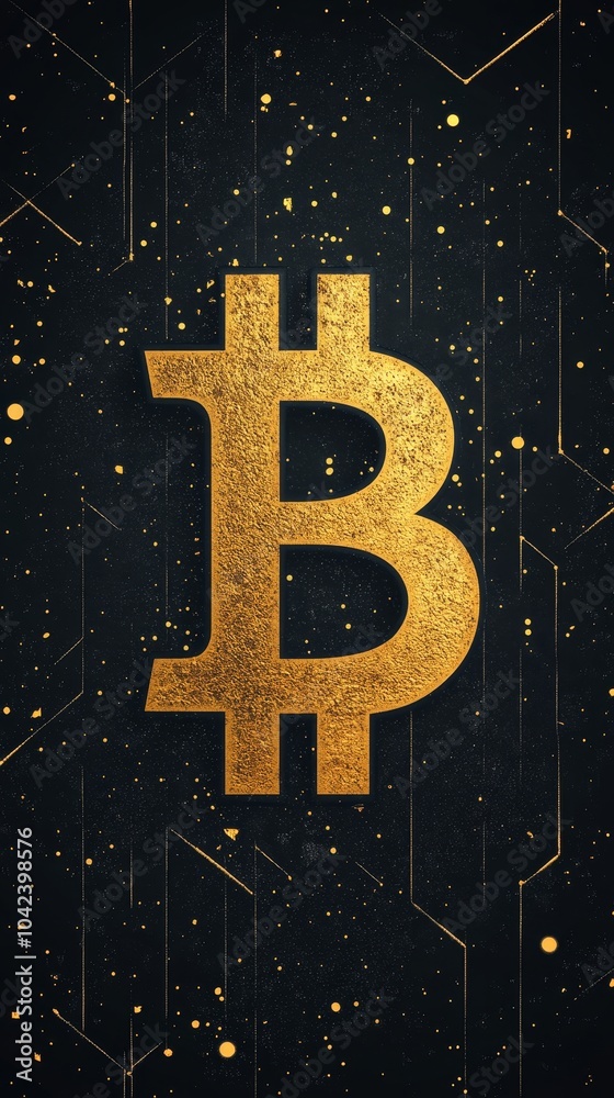 Fototapete large gold bitcoin symbol on a dark background with scattered geometric lines and dots
