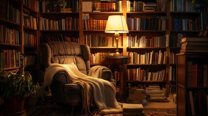 A cozy retreat for the avid reader complete with a snug armchair and a warm floor lamp casting a gentle glow over the pages of your favorite book.