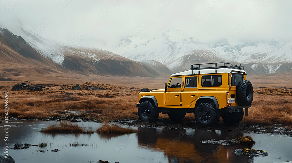 Sticker A yellow off-road vehicle parked in a scenic mountainous landscape.