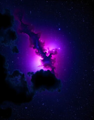 Mysterious nebula in deep space with luminous stars twinkling in the background, surrounded by dark billowing clouds, showcasing a vibrant color palette of purple, blue, and splashes of red.