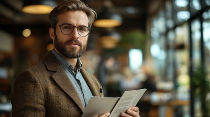 Fototapeta premium Bearded man wearing glasses and a brown jacket stands in a modern cafe, looking at a menu intently