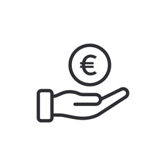 Donation icon. Human hand palm up. Begging hand. Logo template. Receiving. Asking for help. Financial aid. Coin icon. Euro sign. Currency exchange. Pay icon. Cash back. Investment. Financial savings