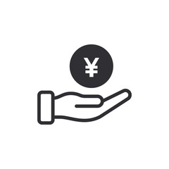 Donation icon. Payment. Begging hand. Logo template. Receiving. Yen sign. Cash icon. Financial aid. Coin icon. Yuan sign. Currency exchange. Pay icon. Cash back. Investment. Financial savings. Palm up