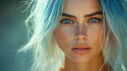 Fototapeta premium Person with blue eyes and blue-tinged hair stares intently, with soft lighting highlighting freckles and natural features