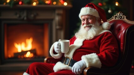 Santa Claus in a red suit is smiling and relaxing in a red armchair with a cup of coffee in his hand, in front of a roaring fireplace with a Christmas tree and lights in the background