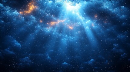 Naklejka premium Vast, starry night sky with glowing blue clouds and beams of light illuminating the scene in a celestial display