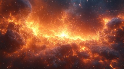 Naklejka premium Vivid, fiery celestial scene with swirling clouds of bright orange and dark contrasting hues in space