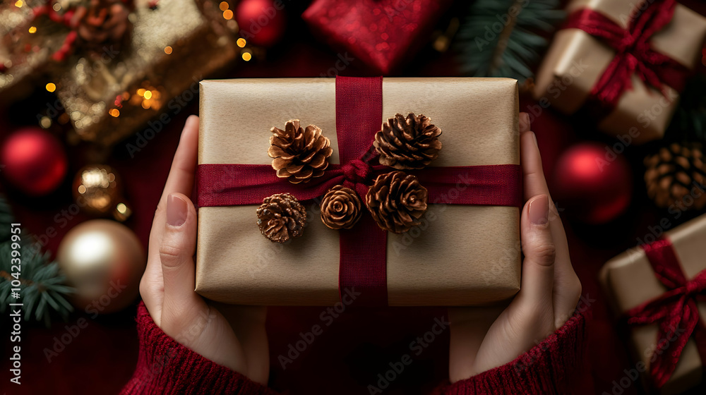 Poster A beautifully wrapped gift with pinecones, set for a festive occasion.