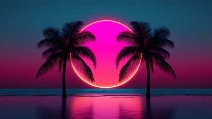 Obraz premium Tropical palm tree silhouettes in front of a neon sunset, vibrant magenta and teal sky, 80s retro wave style, glowing horizon, digital art