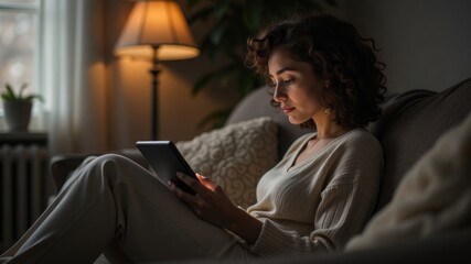 A woman is relaxing on a couch in her living room, using a tablet computer and basking in the warm light from a floor lamp. 
