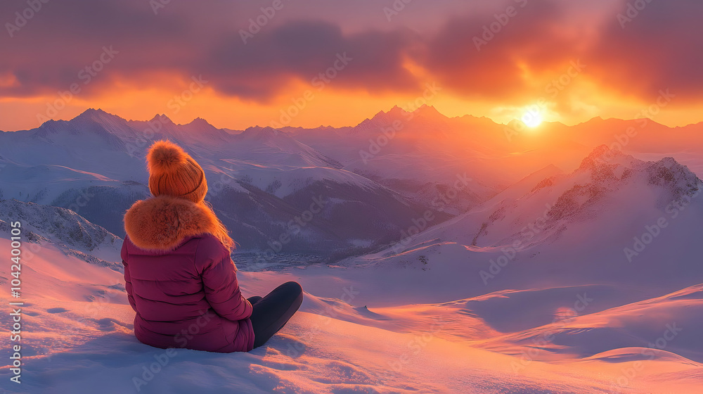 Wall mural A person sitting in snow, watching a vibrant sunset over mountains.