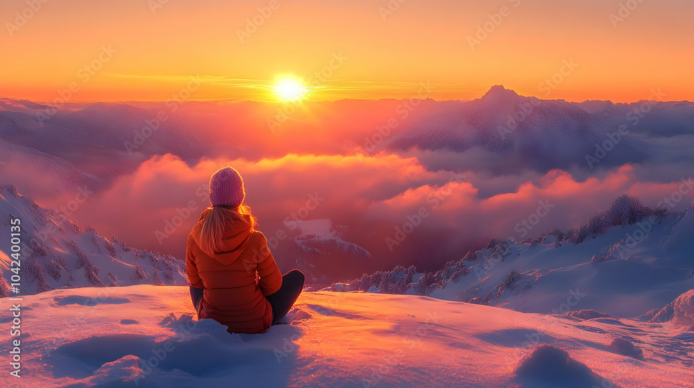 Sticker A serene sunset over snowy mountains with a person meditating.