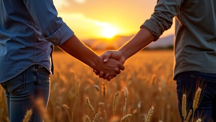 Two farmers shake hands in front of a wheat field.