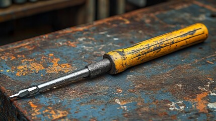Worn yellow-handled screwdriver lies on a weathered, rusty metal surface, indicating frequent use and rough conditions over time